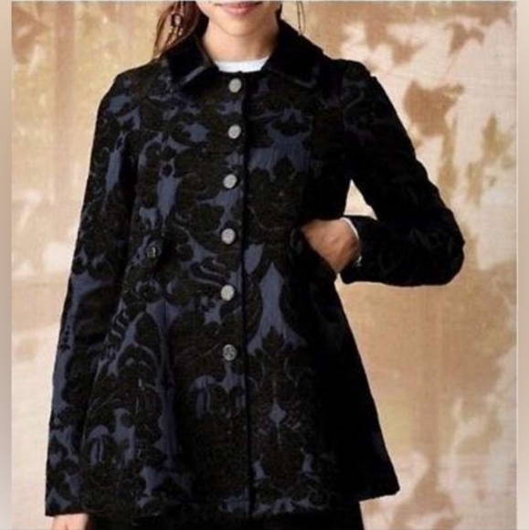 Free People Jackets & Blazers - Free People Navy Black Jacquard Brocade Pea Coat 8